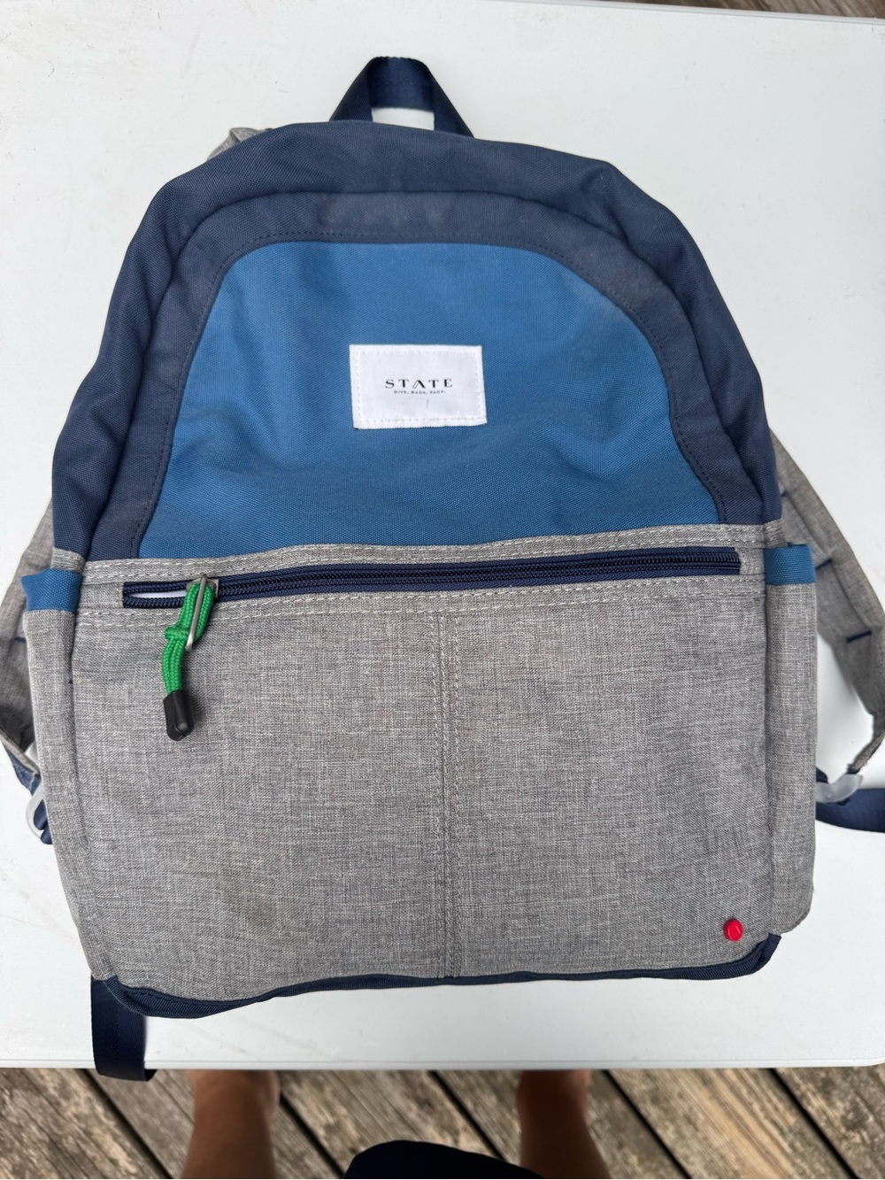 STATE Two-Tone Blue and Gray Backpack with Green Pull